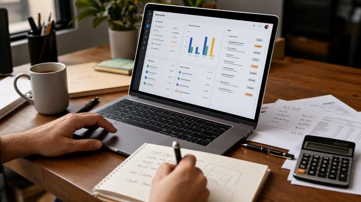 Compliance documentation, laptop with financial dashboards, notebook and calculator on an advisory desk